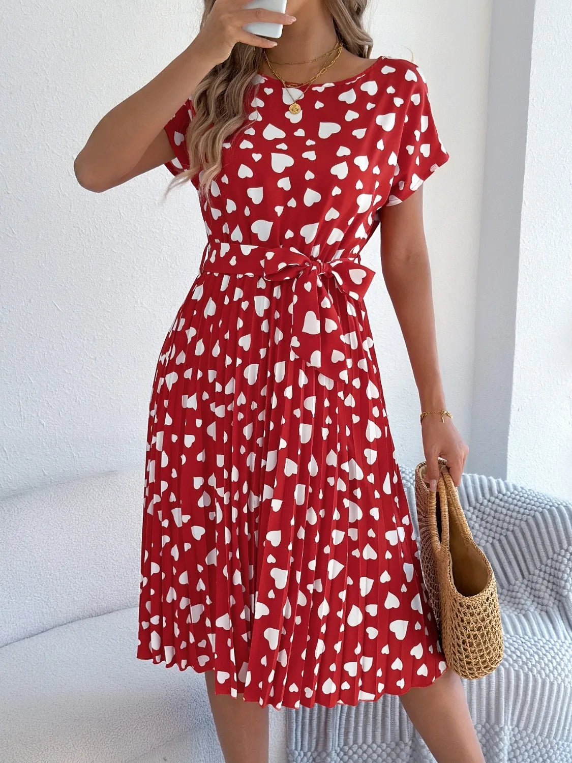 Heart Print Short Sleeve Tie Waist Dress (14)