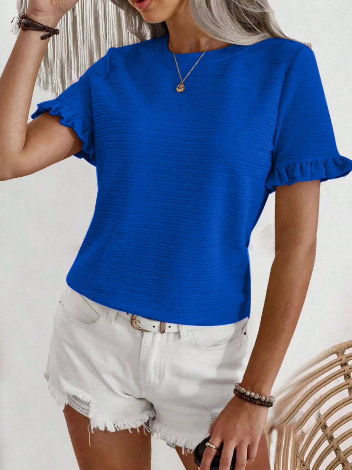 Textured Ruffle Sleeve Round Neck T-shirt (14)