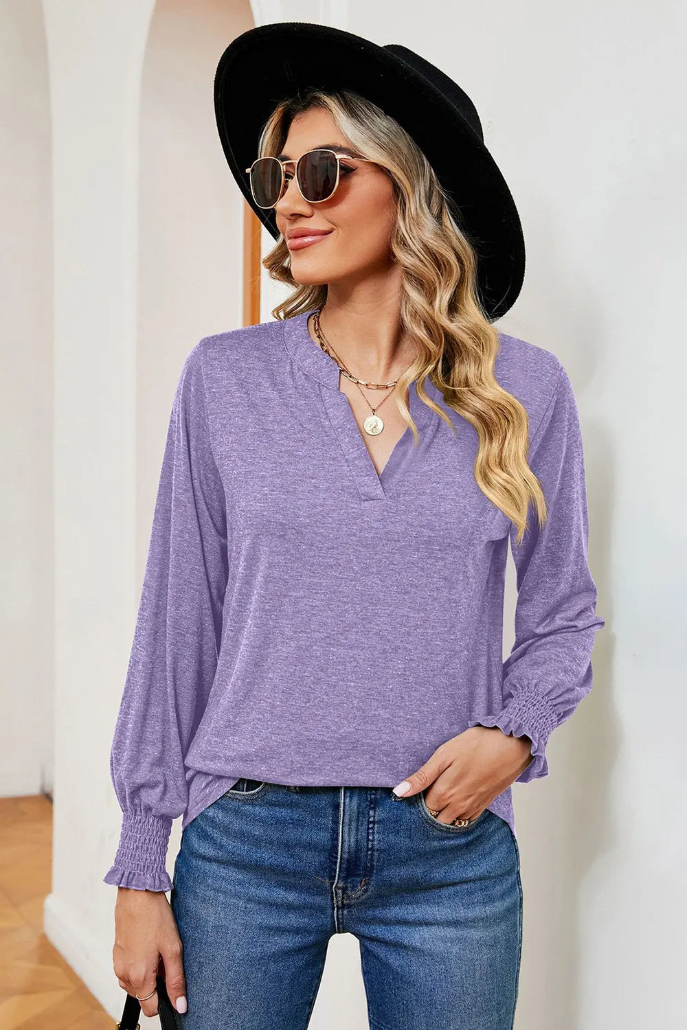 Notched Lantern Sleeve T-shirt (29)