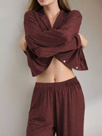 Button-down Top Wide-leg Pants Lounge Set (14)