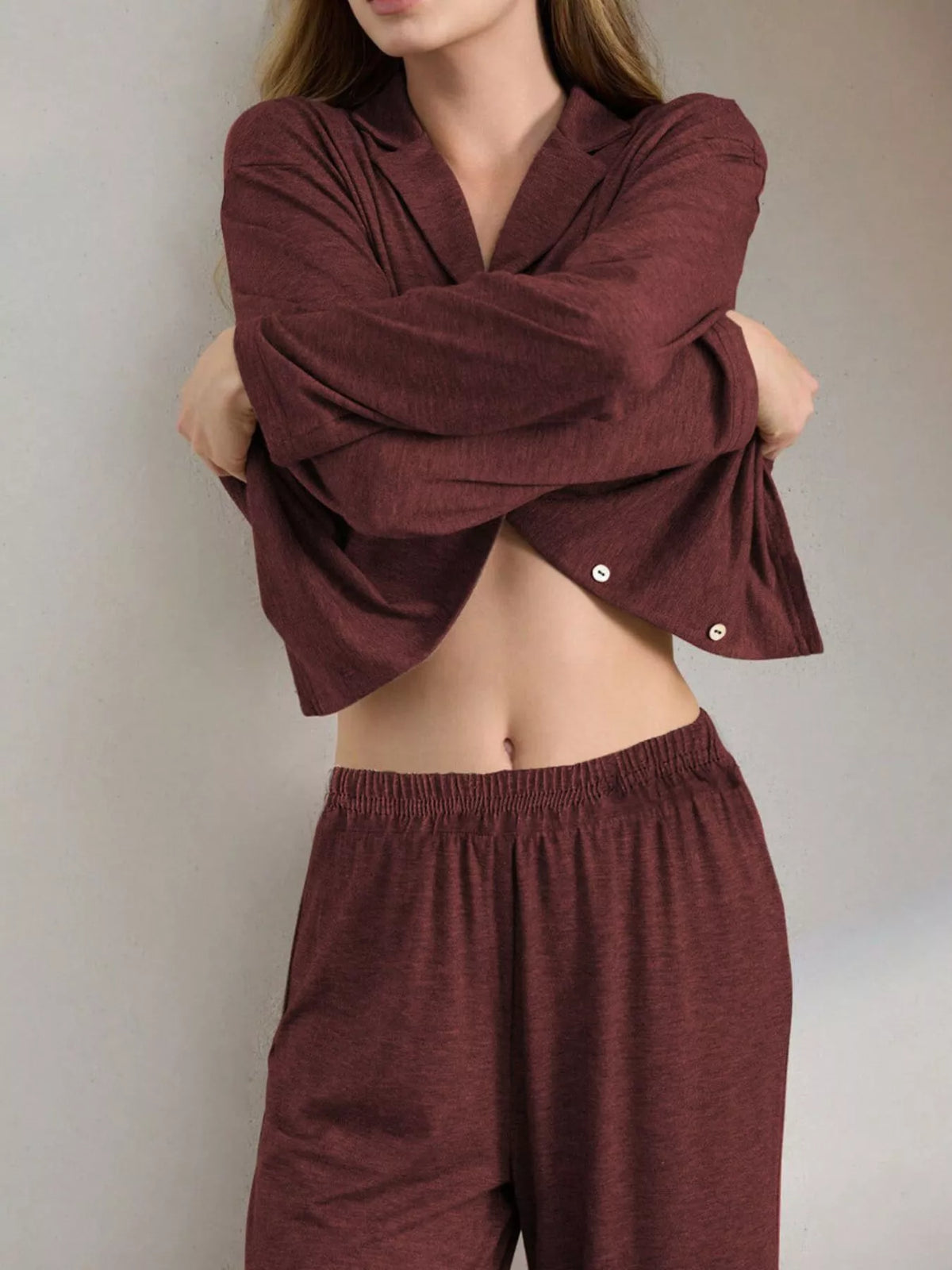 Button-down Top Wide-leg Pants Lounge Set (14)