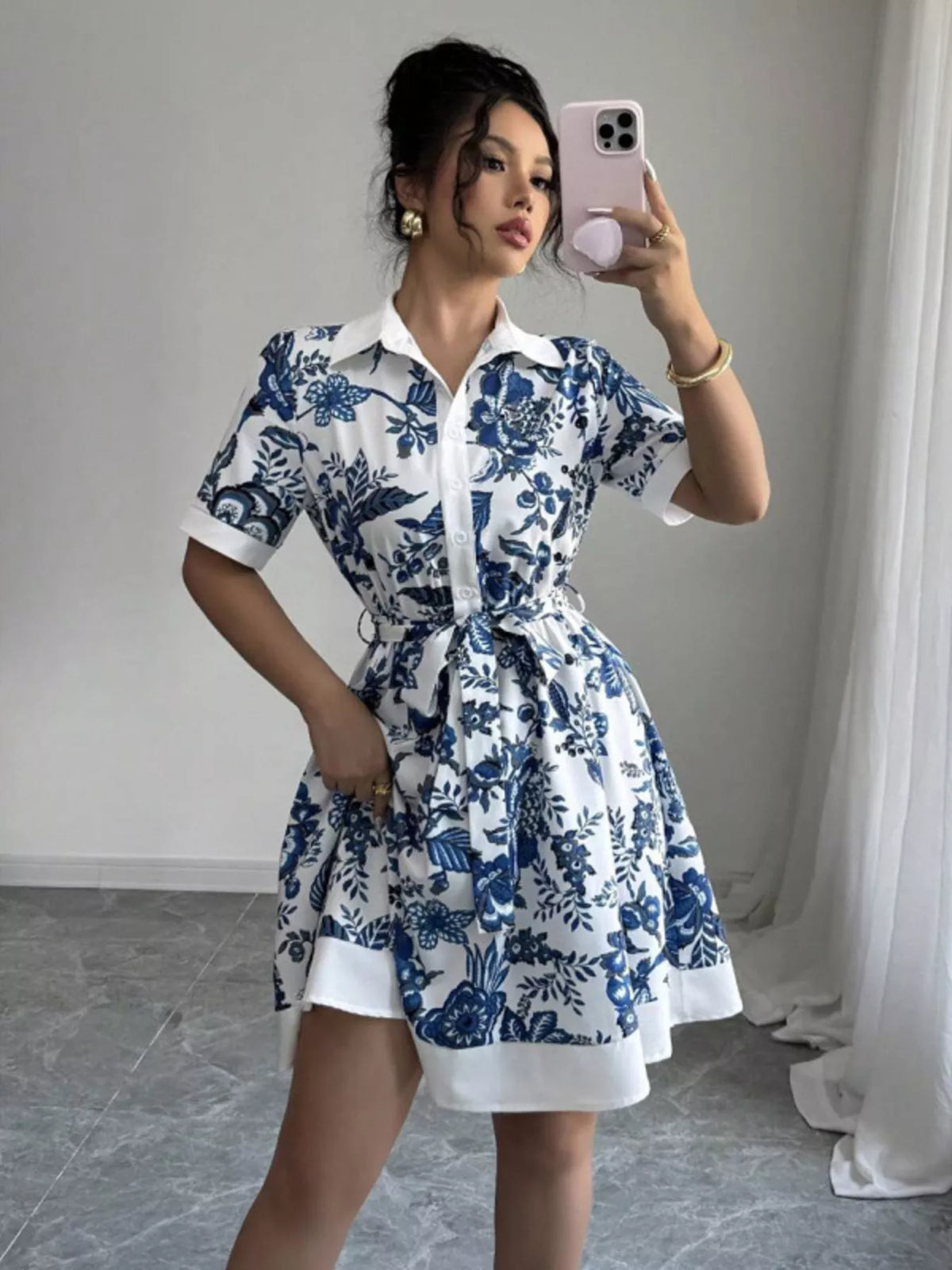 Floral Print Button-front Shirt Dress (5)