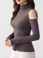 Mock Neck Cold-shoulder Slim-fit T-shirt (14)
