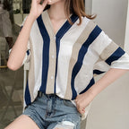 Oversized V-neck Striped Shirt variant CJNSSYCS02624-Blue-M|CJNSSYCS02624-Blue-4XL|CJNSSYCS02624-Blue-XL|CJNSSYCS02624-Blue-3XL|CJNSSYCS02624-Blue-L|CJNSSYCS02624-Blue-XXL