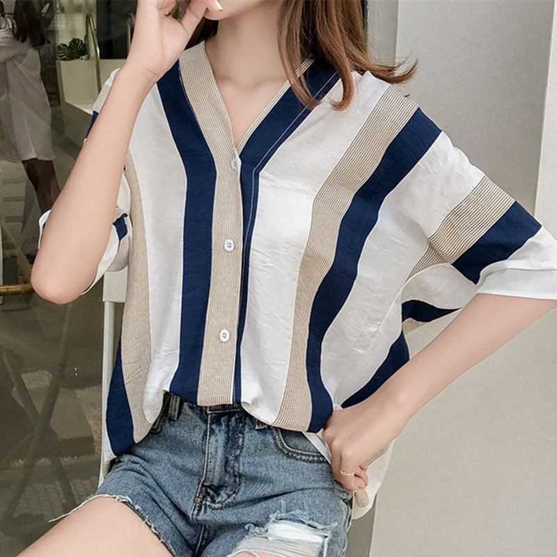 Oversized V-neck Striped Shirt variant CJNSSYCS02624-Blue-M|CJNSSYCS02624-Blue-4XL|CJNSSYCS02624-Blue-XL|CJNSSYCS02624-Blue-3XL|CJNSSYCS02624-Blue-L|CJNSSYCS02624-Blue-XXL