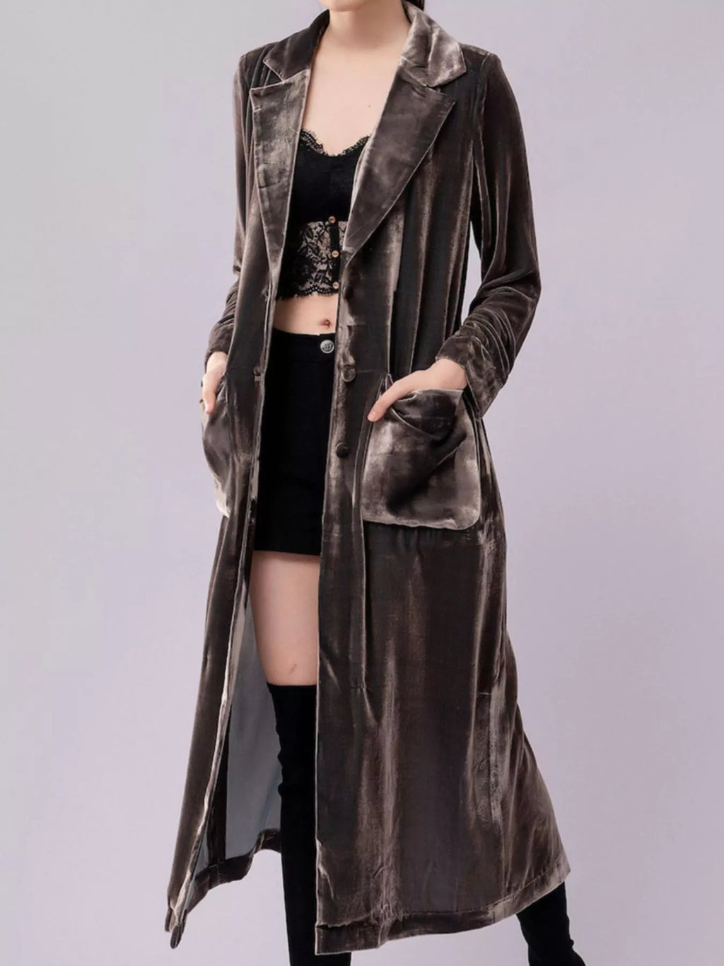 Velvet Lapel Collar Longline Coat (3)