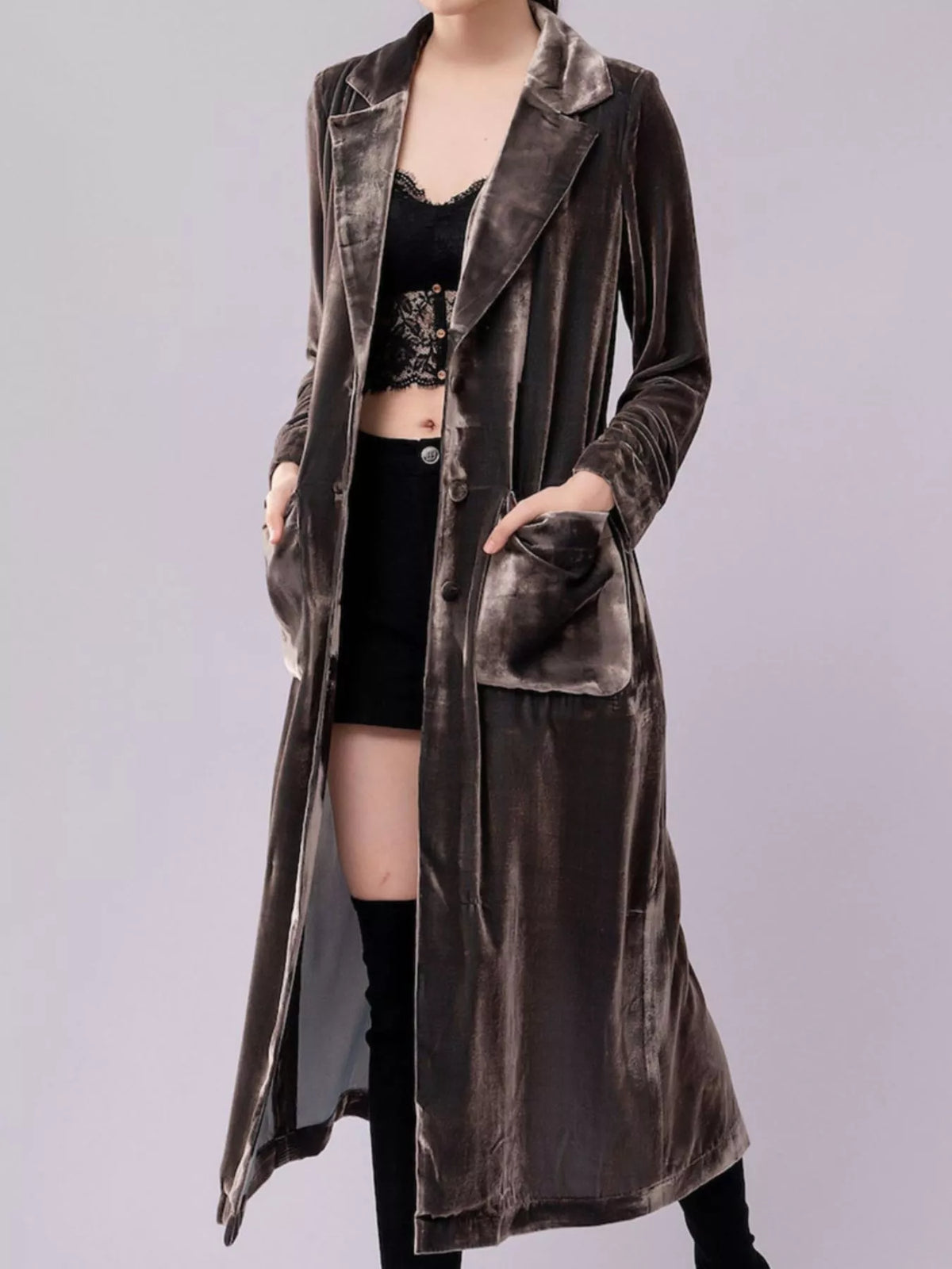 Velvet Lapel Collar Longline Coat (3)