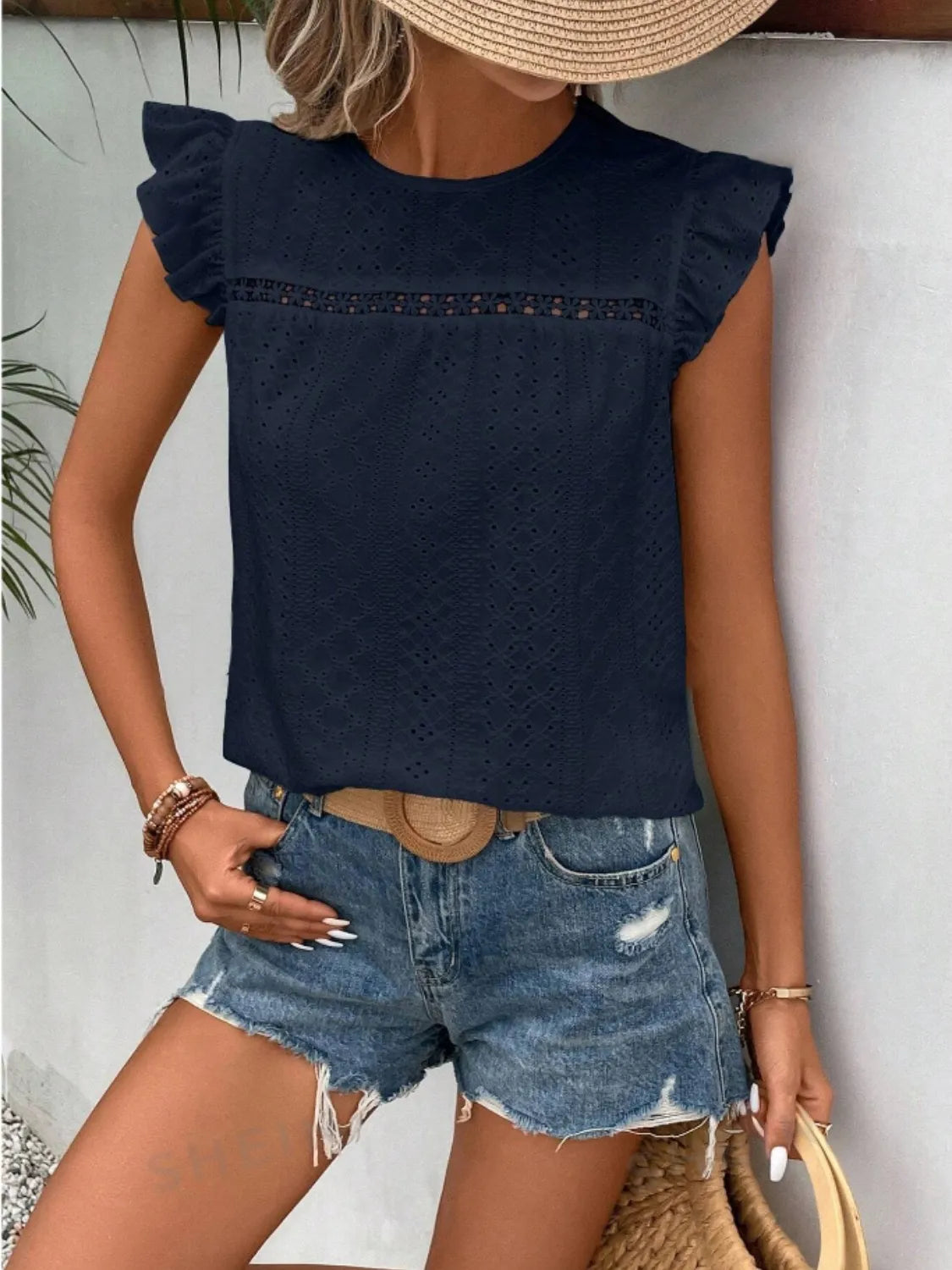 Eyelet Round Neck Cap Sleeve Top (19)