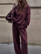 Turtleneck Dropped Shoulder Top Pants Set