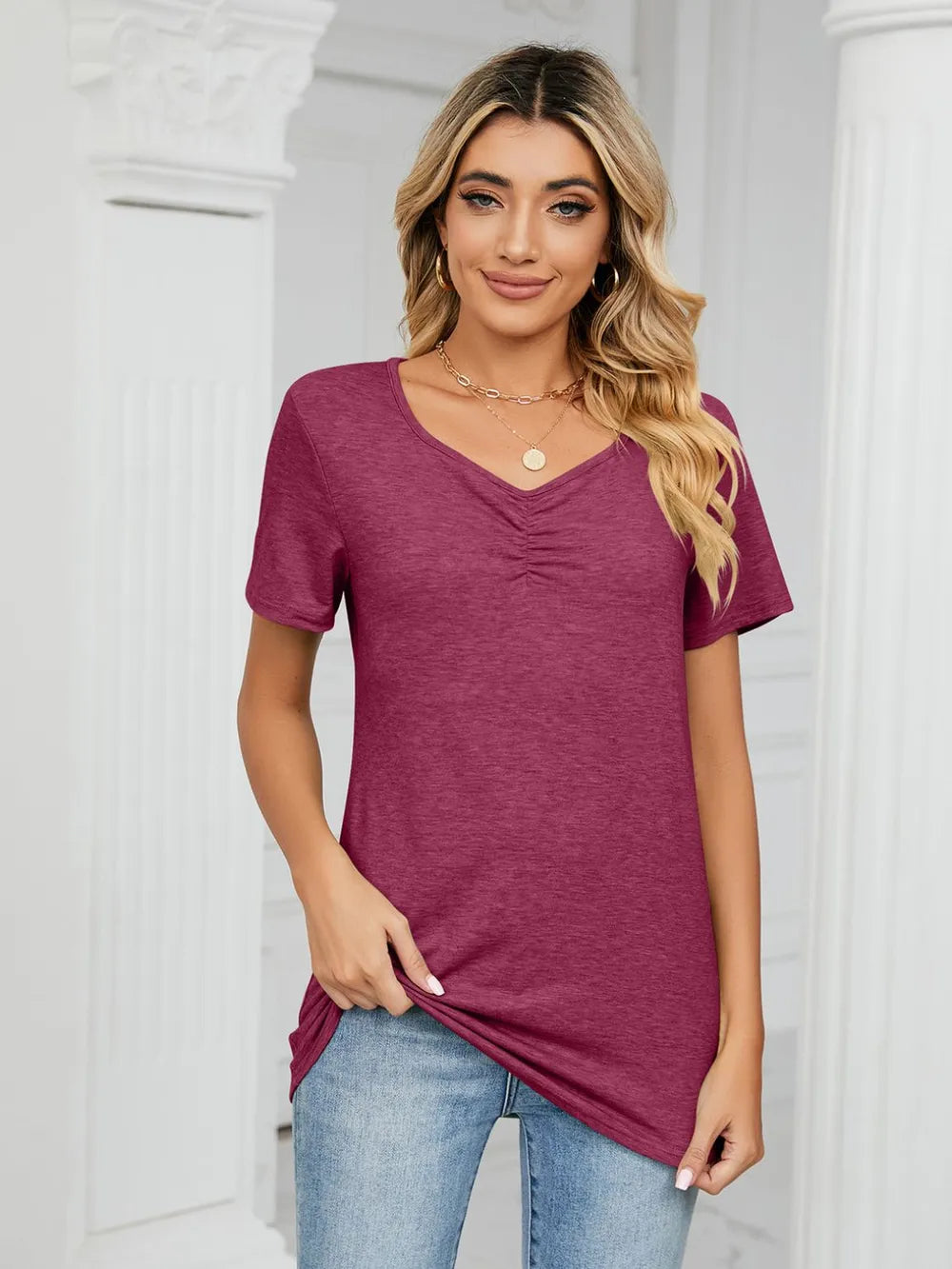 Ruched V-neck Short Sleeve T-shirt (6)