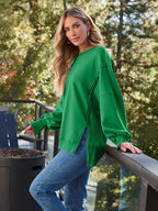 Slit Round Neck Long Sleeve Sweatshirt (2)