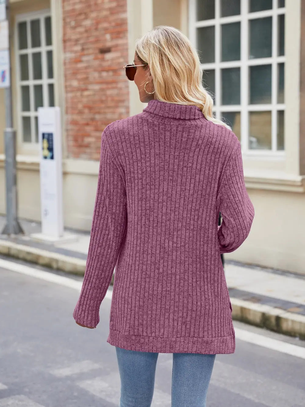 Ribbed Turtleneck Long Sleeve Slit Knit Top (28)