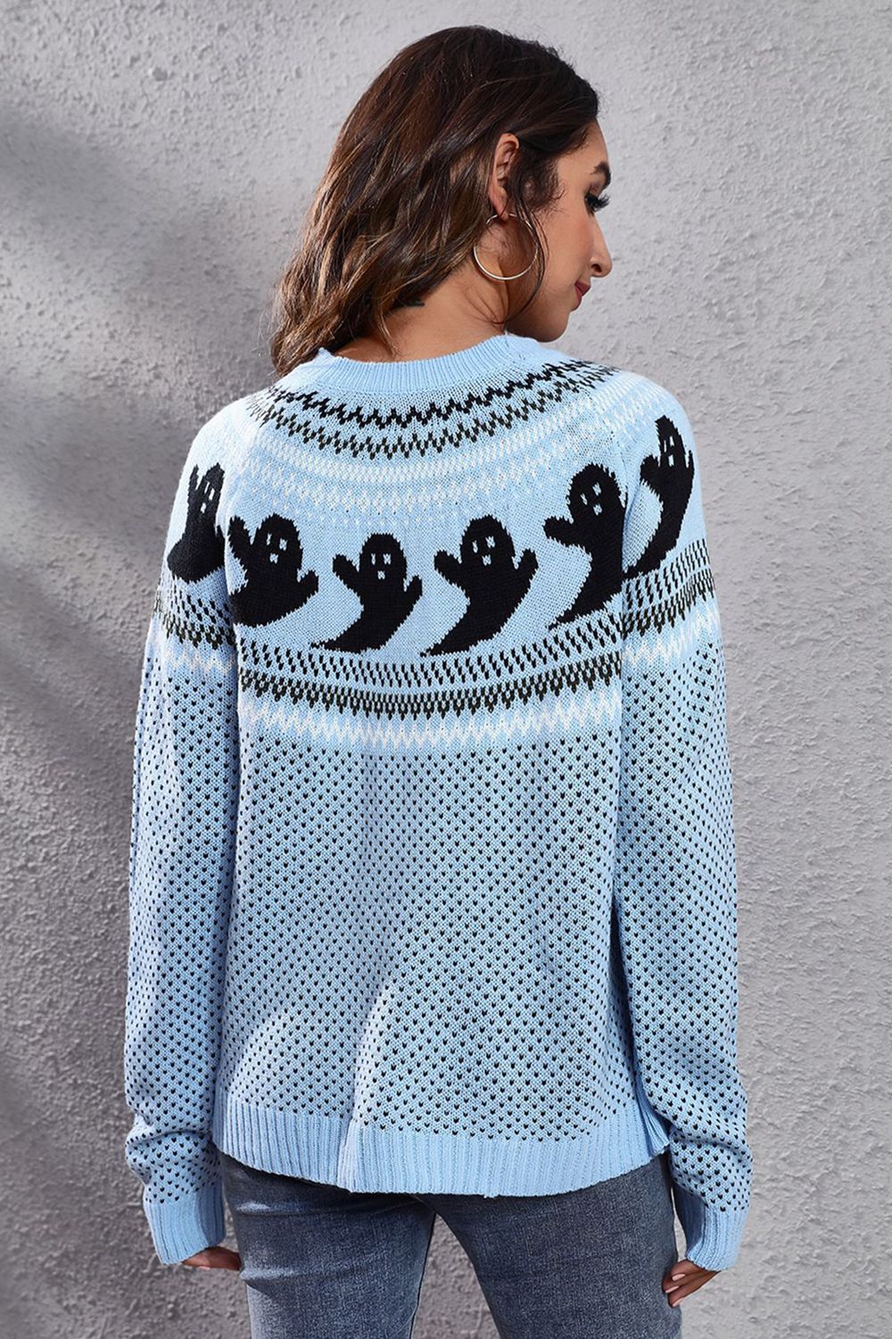 Ghost Pattern Round Neck Long Sleeve Sweater (9)