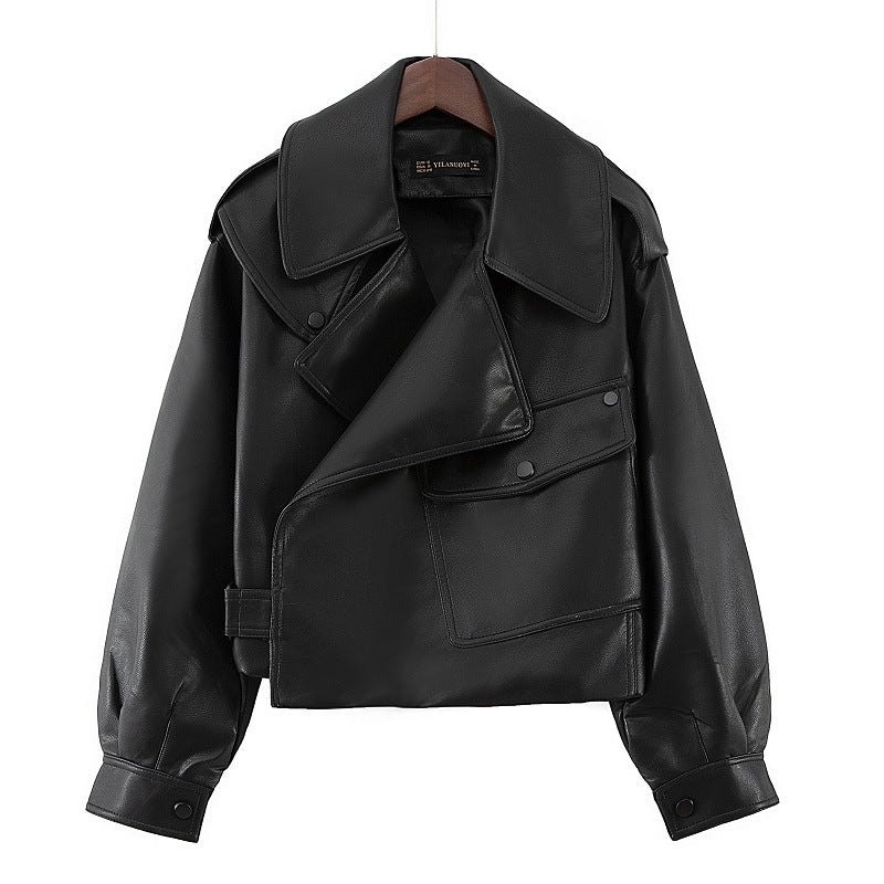 Loose Cropped Leather Jacket Motorcycle photo 1