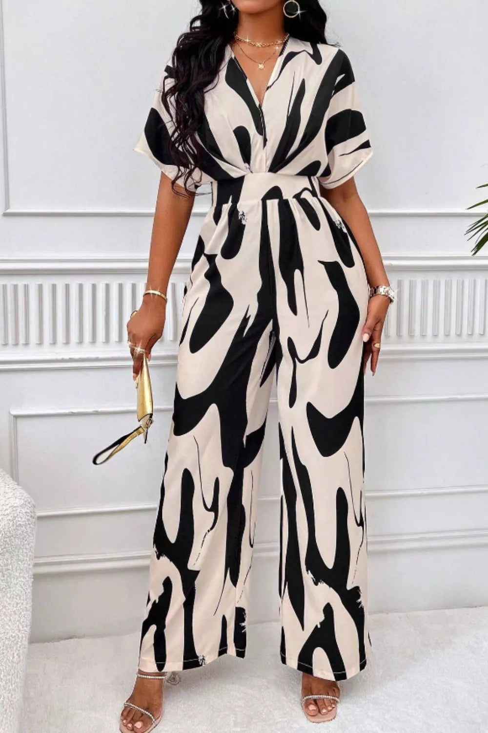Printed V-neck Short Sleeve Wide Leg Jumpsuit