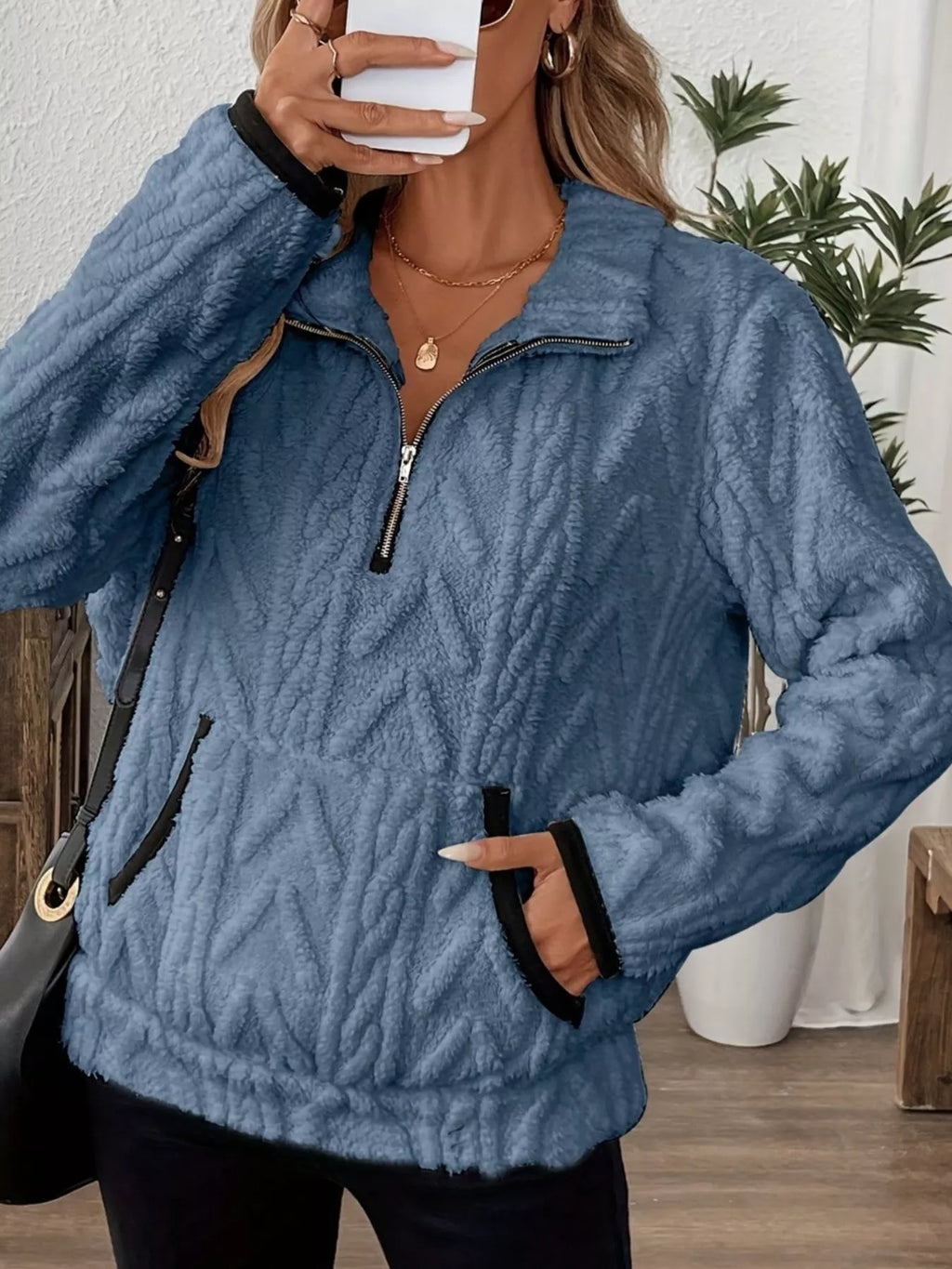 Full Size Half Zip Kangaroo Pocket Sweatshirt Plus (3)