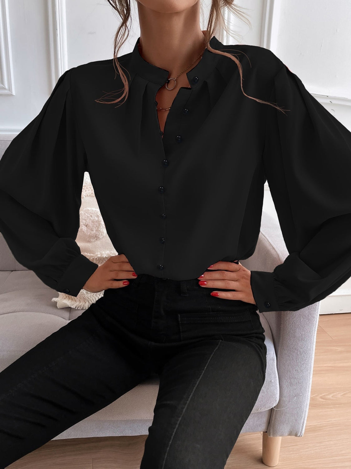 Mock Neck Button Front Shirt (14)