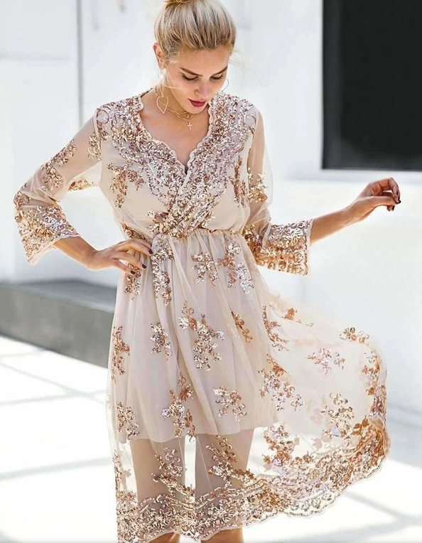 V-neck Sequined Dress variant CJNSSYLY03134-Beige-S|CJNSSYLY03134-Beige-M|CJNSSYLY03134-Beige-XL|CJNSSYLY03134-Beige-XXL|CJNSSYLY03134-Beige-L