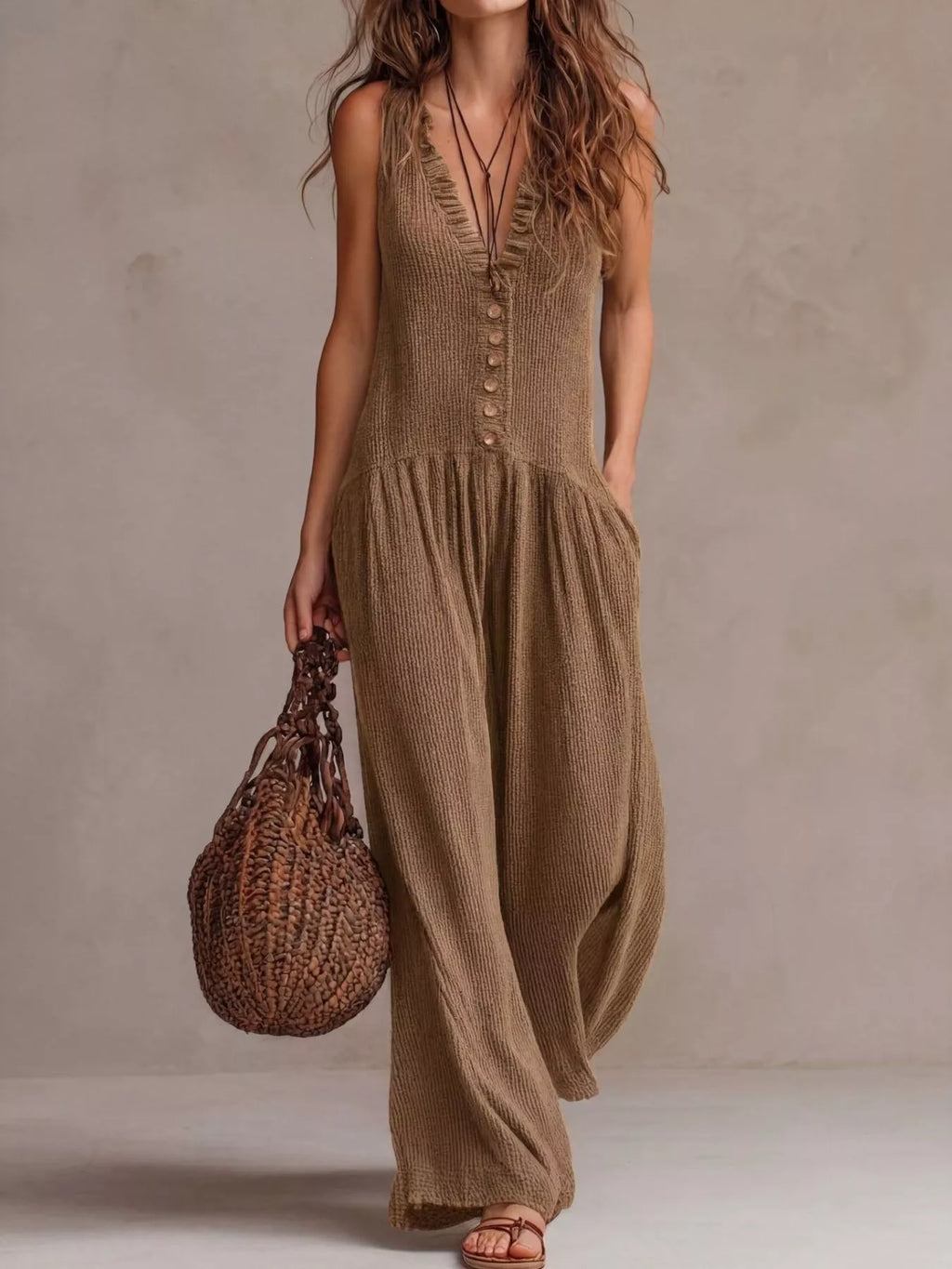 V-neck Sleeveless Wide Leg Jumpsuit