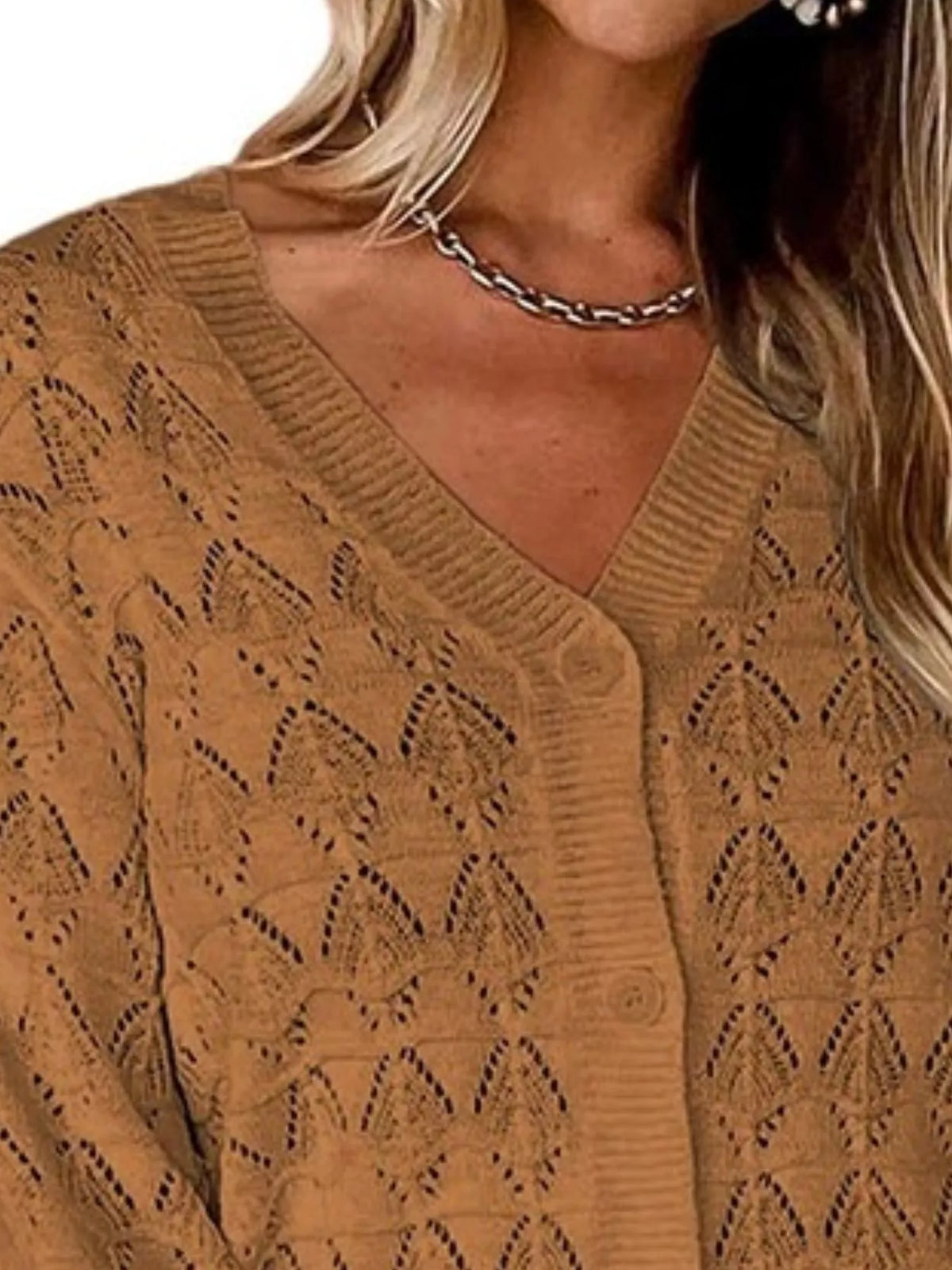 Chic V-neck Openwork Button-down Knit Cardigan (5)