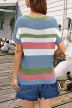 Striped Round Neck Short Sleeve Knit Top (2)