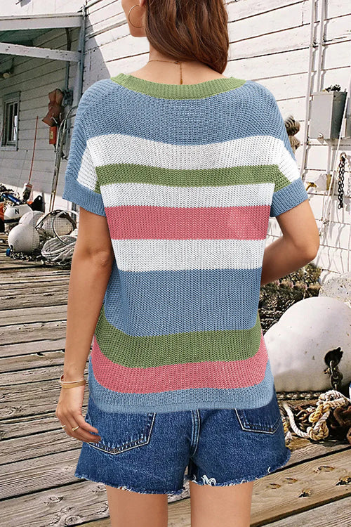 Striped Round Neck Short Sleeve Knit Top (2)