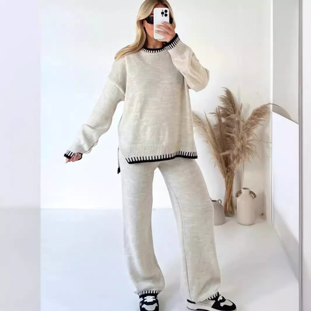 Contrast Trim Round Neck Top Pants Sweater Set (9)