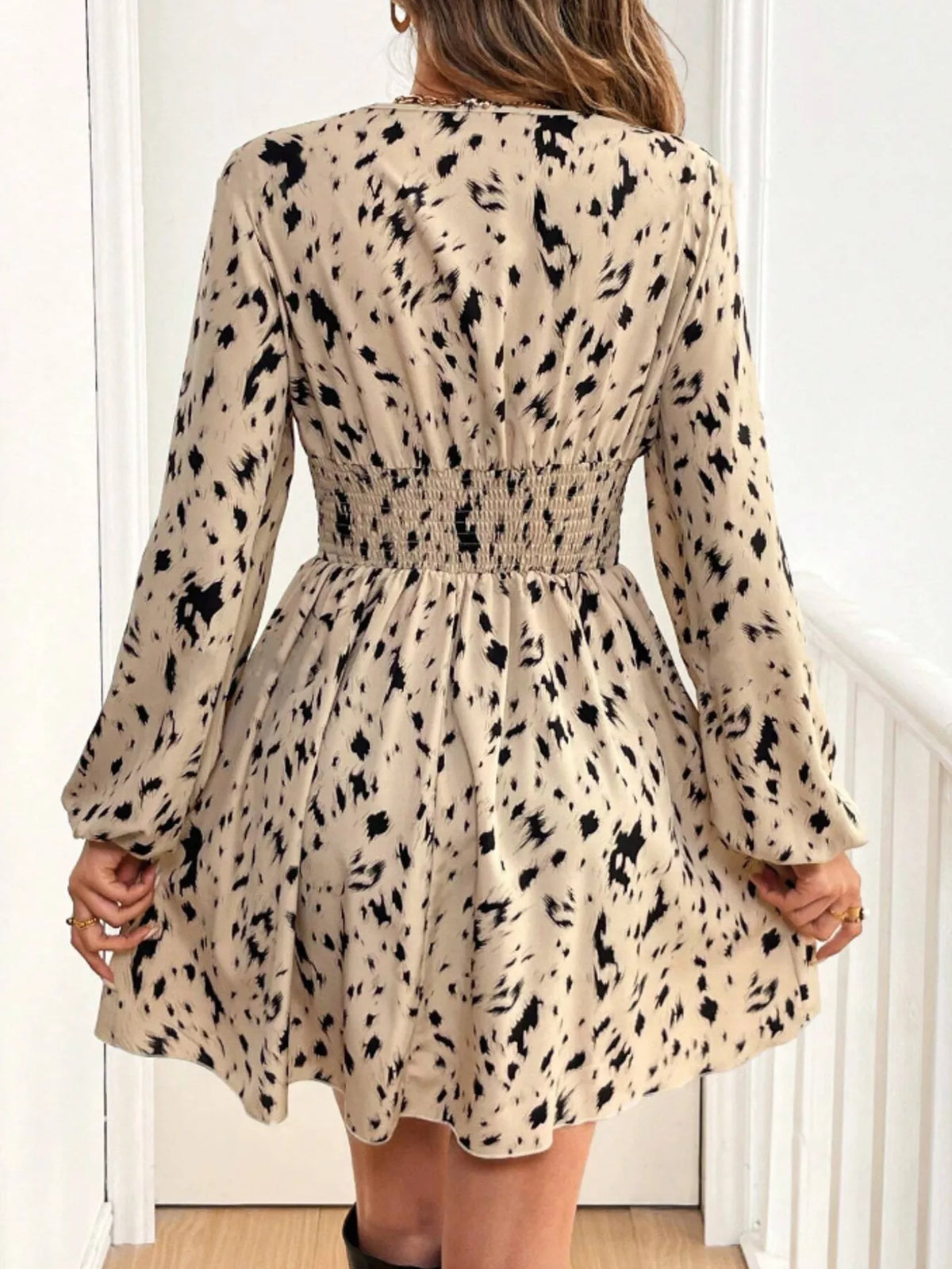 Printed Balloon Sleeve Mini Dress (2)