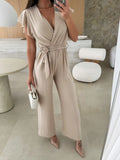 Surplice Wide Leg Belted Jumpsuit