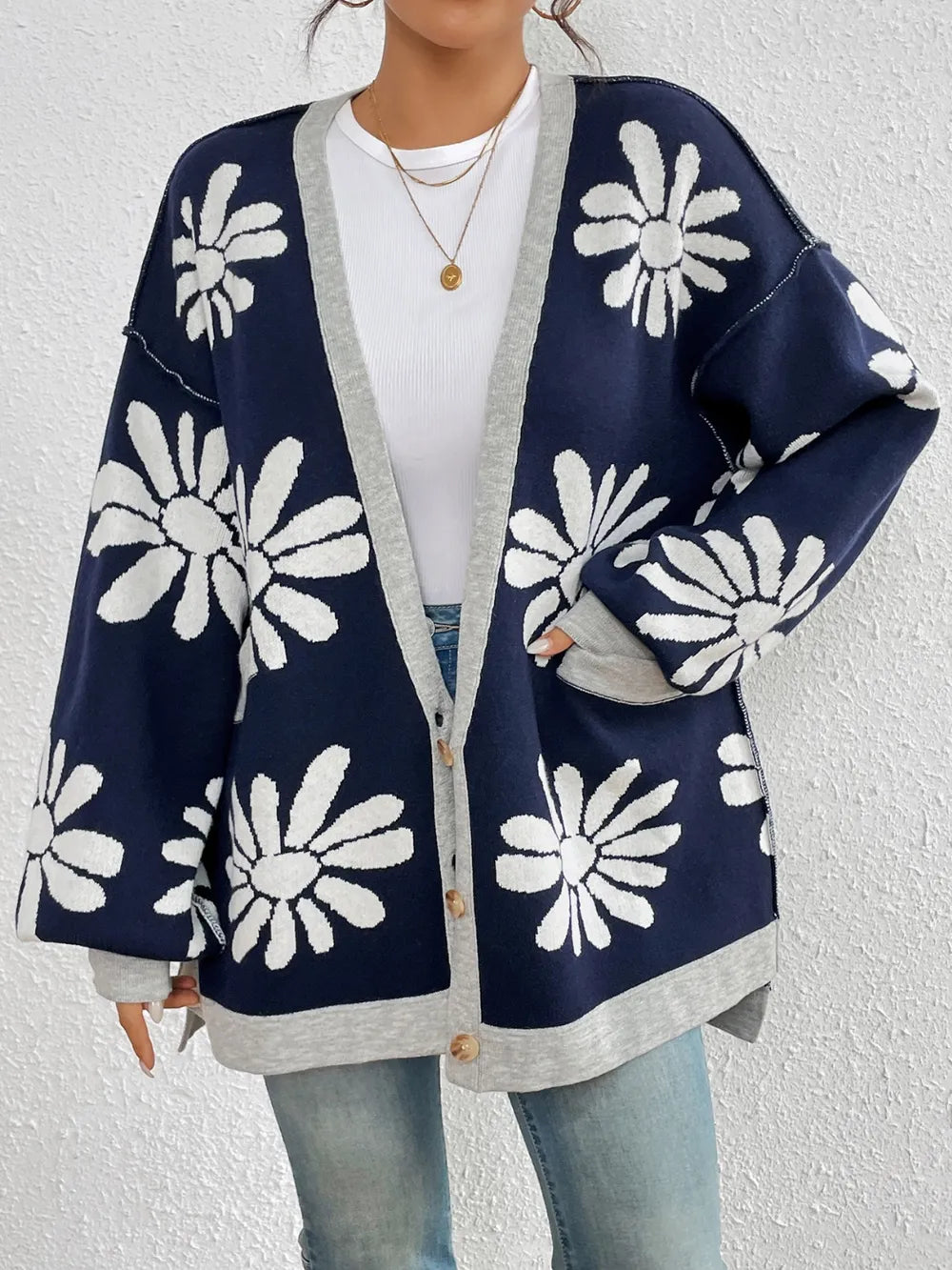 Contrast Dropped Shoulder Long Sleeve Cardigan (5)