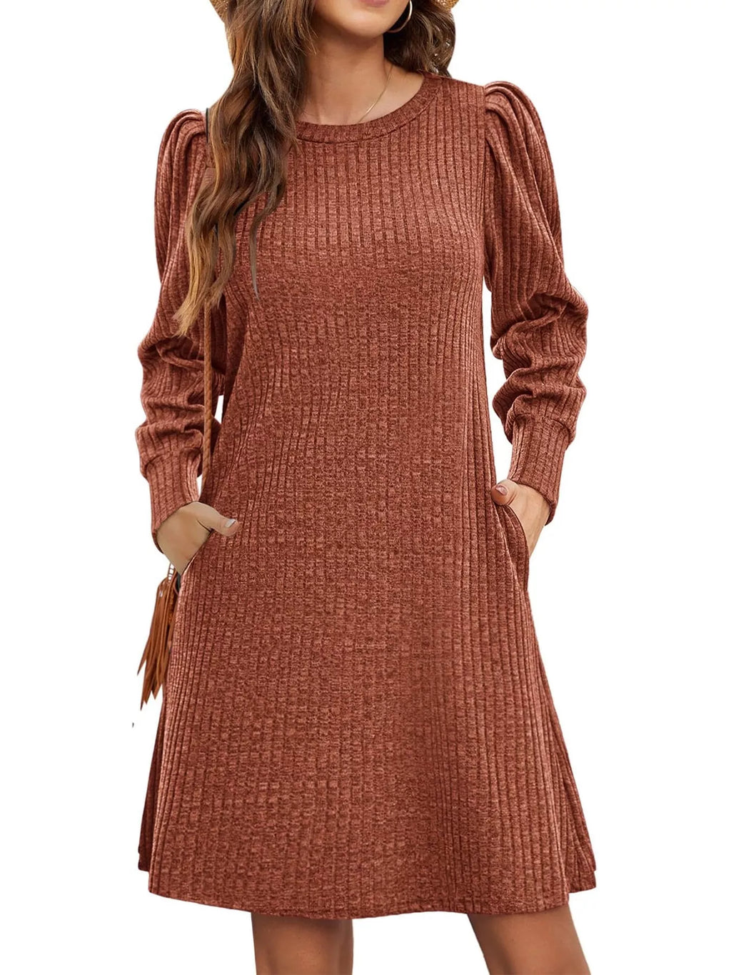 Puff Sleeve Ribbed Knit Dress Pockets (5)
