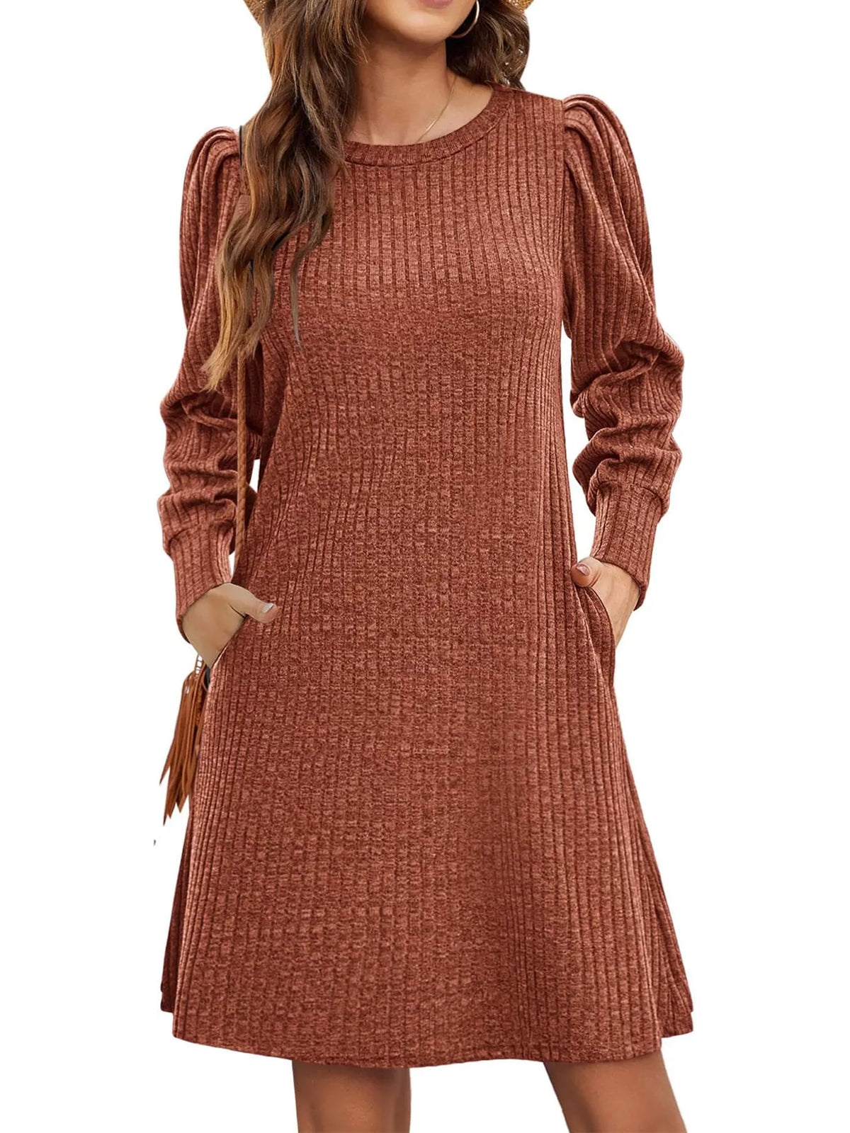 Puff Sleeve Ribbed Knit Dress Pockets (5)