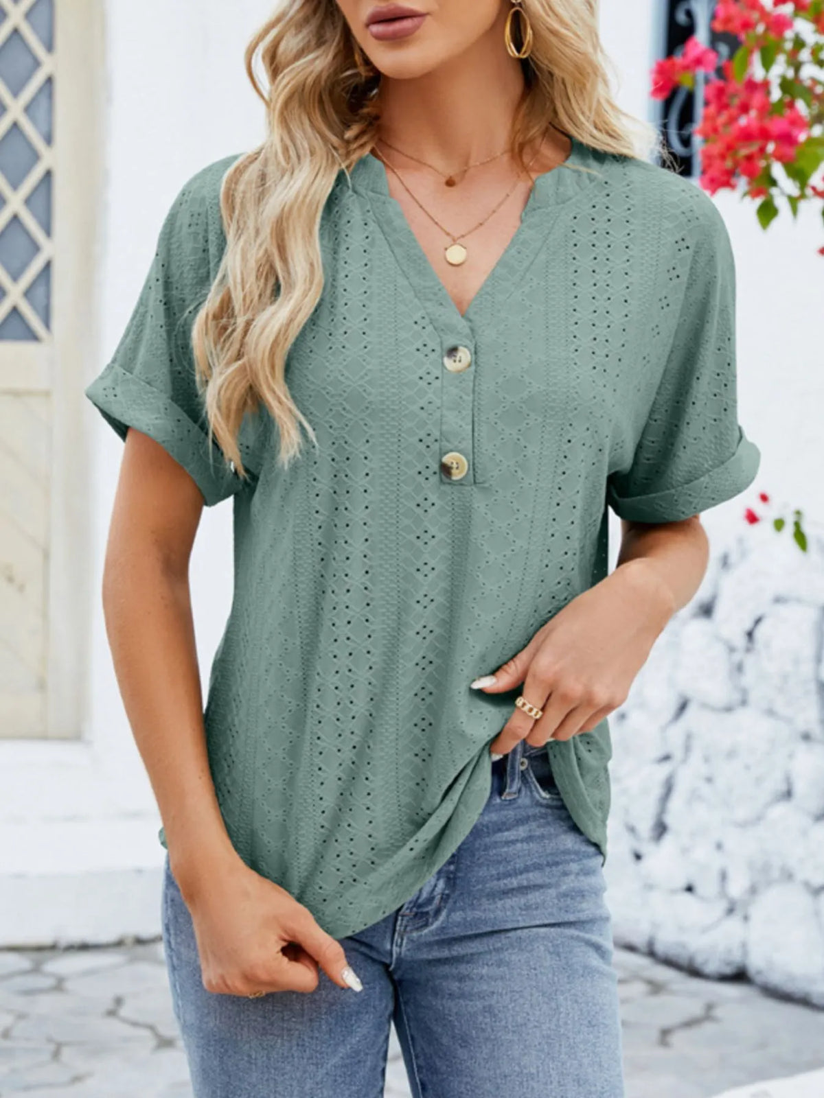 Eyelet Notched Short Sleeve Blouse