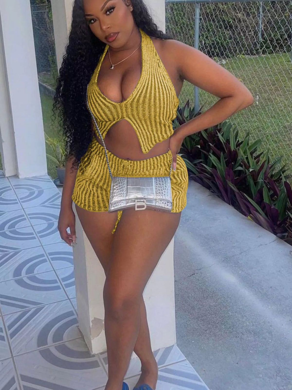 Halter Neck Top Shorts Sweater Set (14)