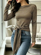 Long Sleeve Striped T-shirt Front Tie Detail (24)