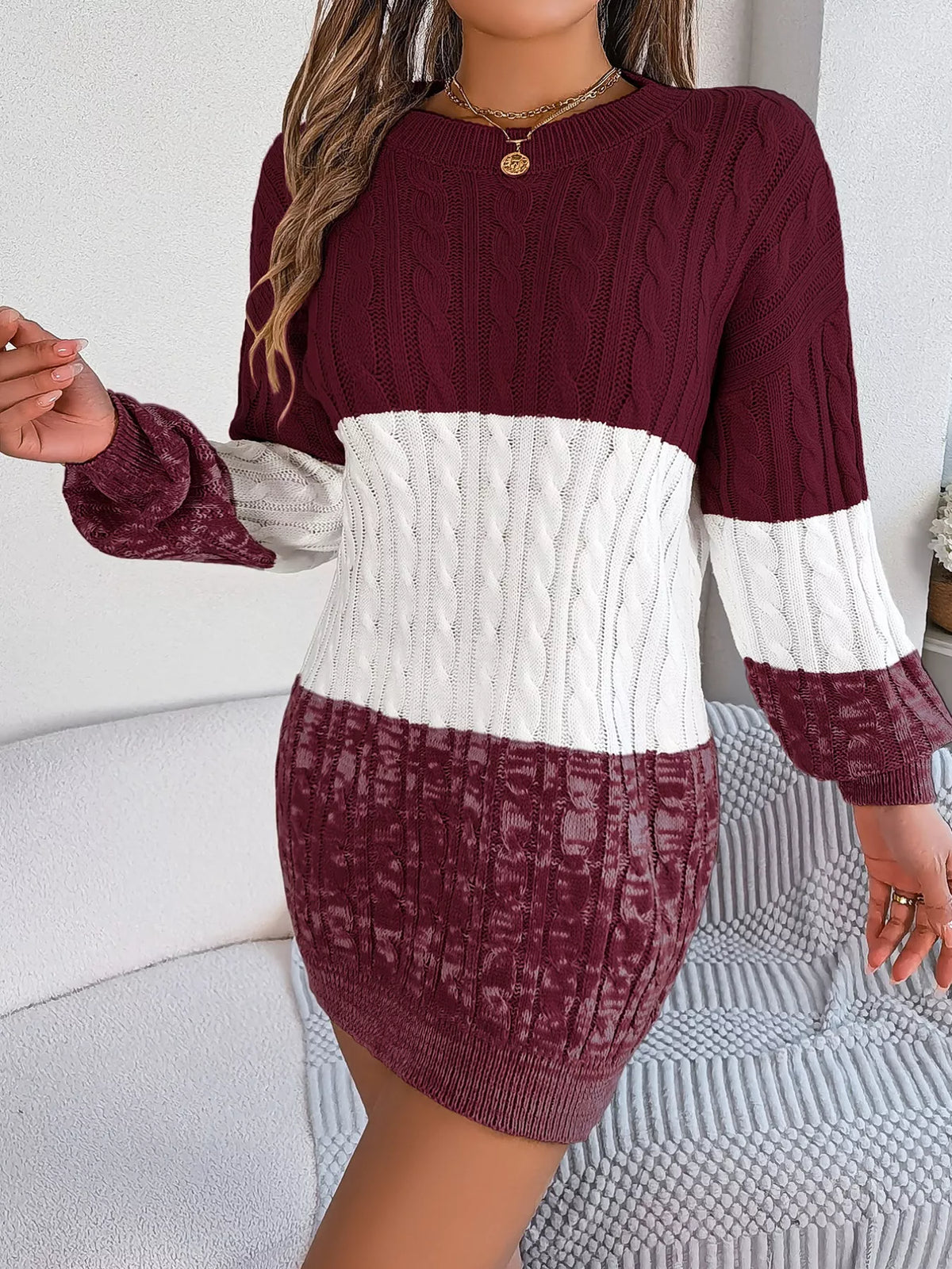Block Cable Knit Sweater Dress Textured Pattern (3)
