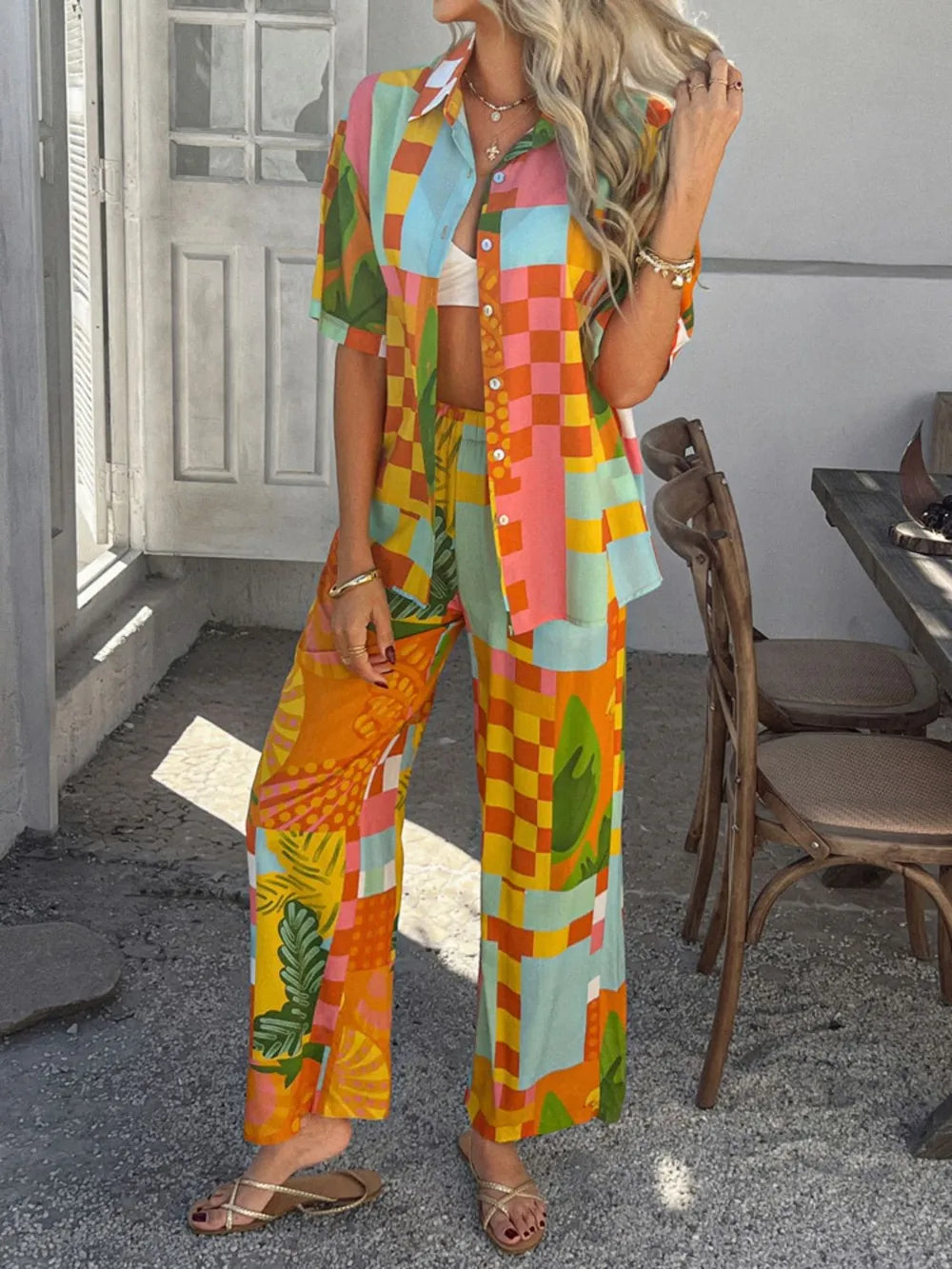 Printed Button Down Shirt Pants Set (16)