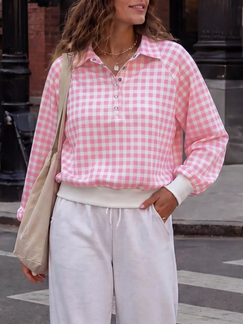 Gingham Plaid Collared Sweatshirt Ribbed Hem (14)