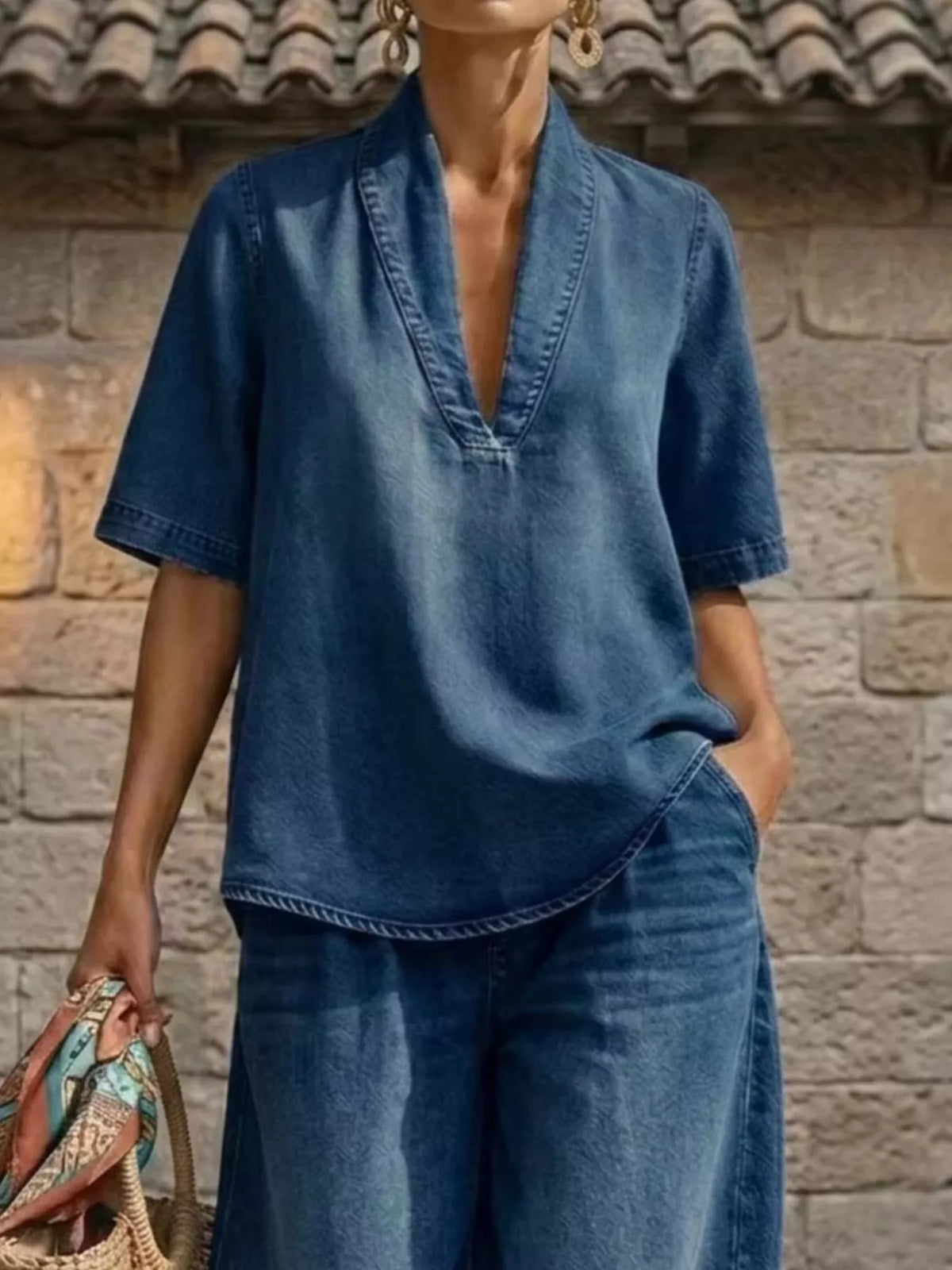 Full Size Half Sleeve Top Wide Leg Pants Set Plus (4)