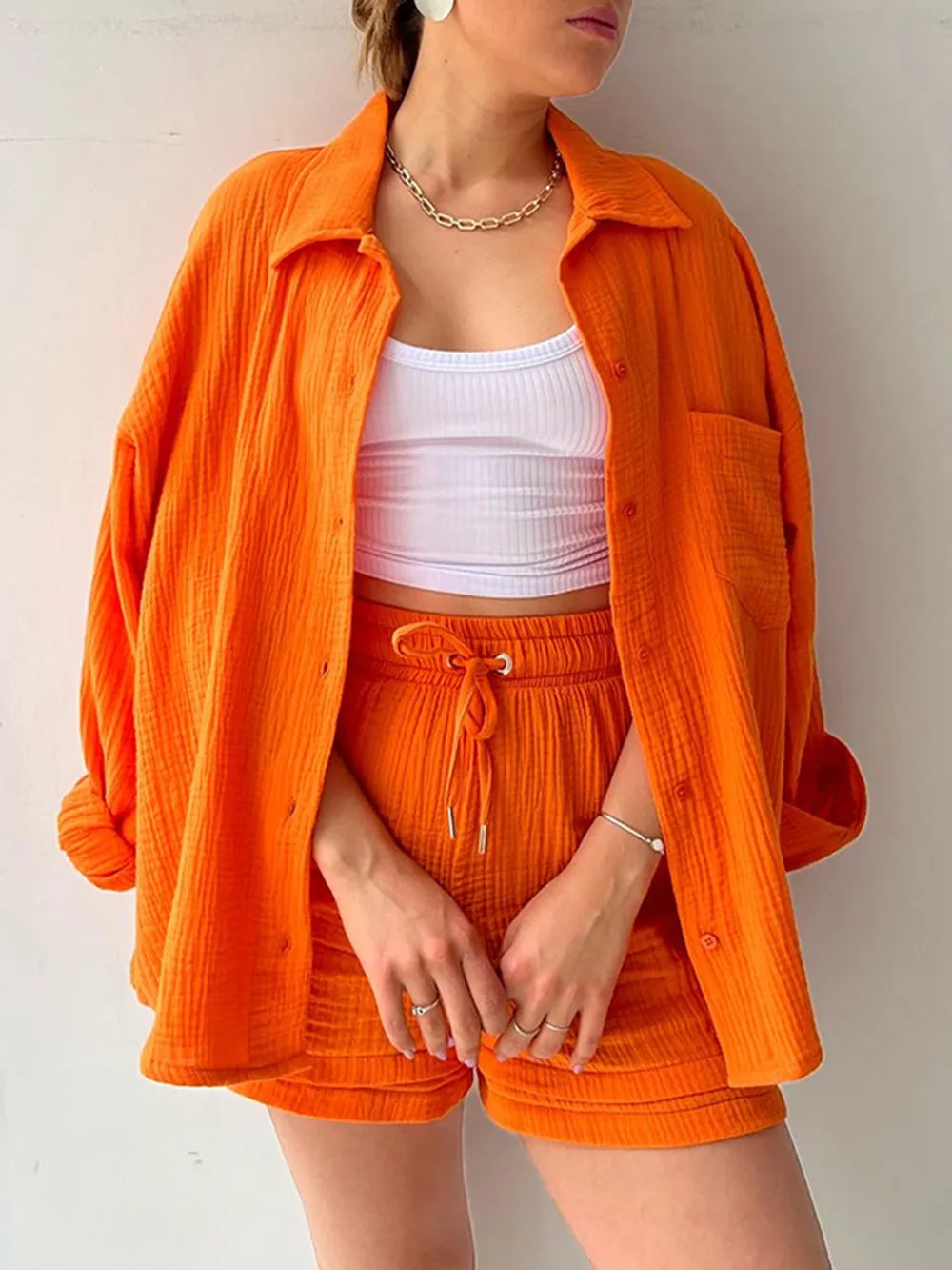 Texture Button Up Shirt Drawstring Shorts Set (30)