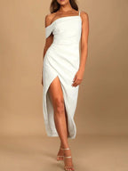Split Asymmetrical Neck Midi Dress (3)
