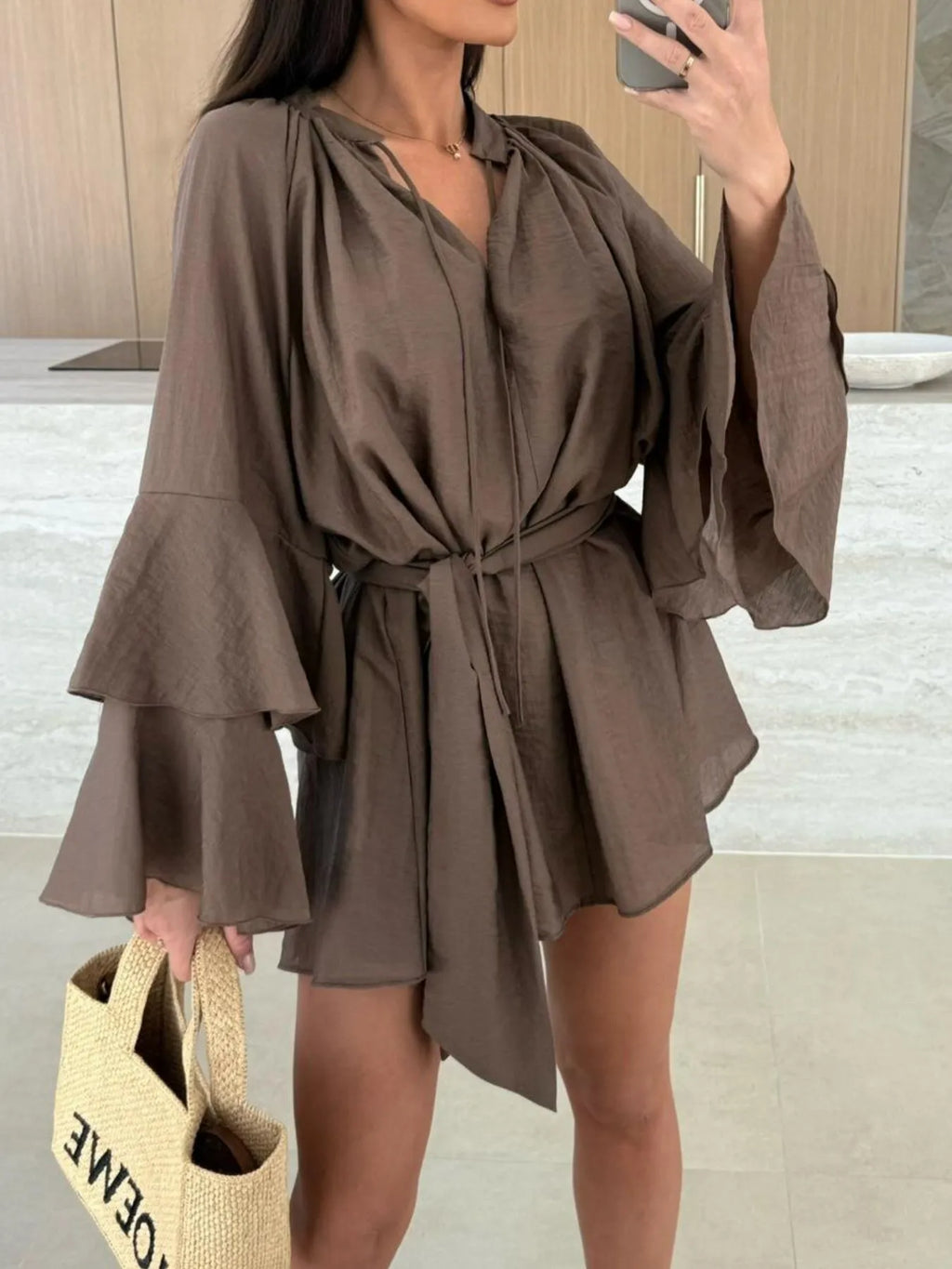 Bell Sleeve Tie Waist Mini Shirt Dress (6)