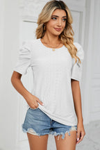Eyelet Round Neck Puff Sleeve T-shirt (5)