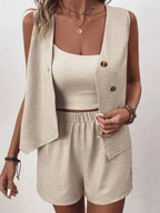 Button Up Vest Shorts Set