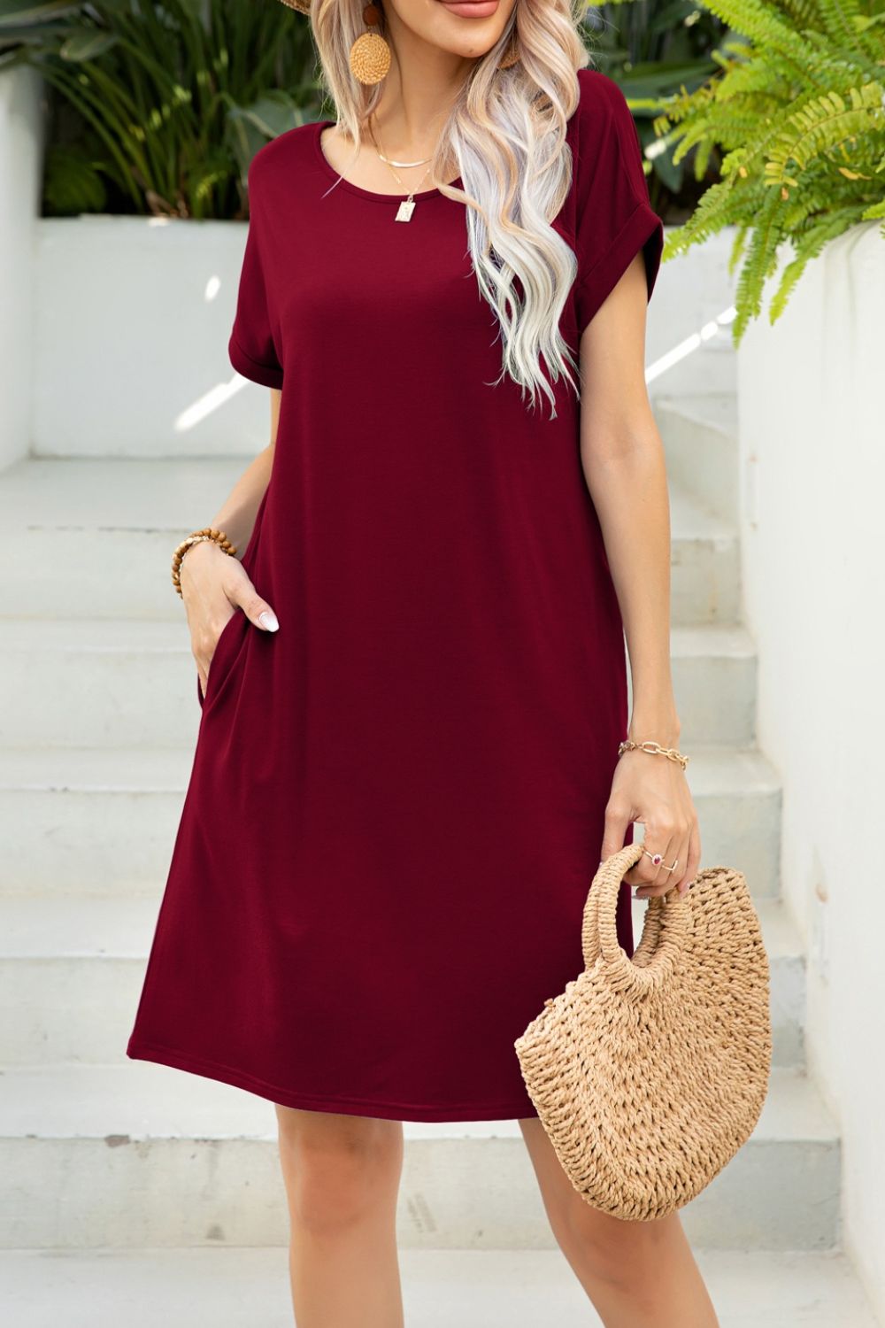 Scoop Neck Short Sleeve Pocket Dress (15)