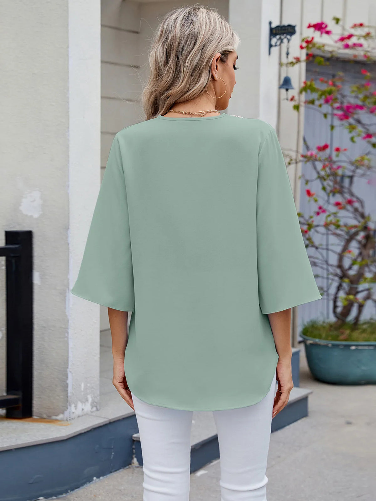 V-neck Lace Trim Blouse (18)