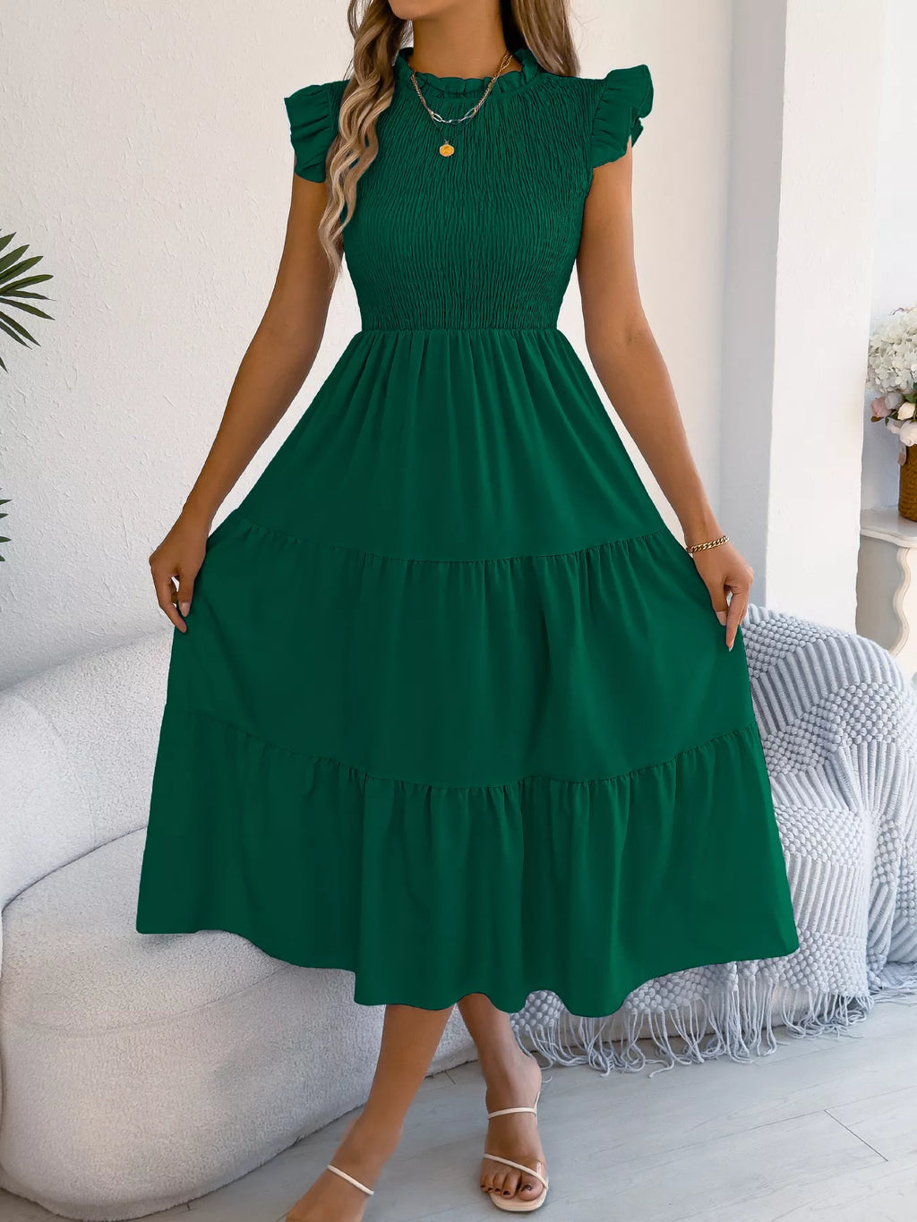 Smocked Ruffled Cap Sleeve Dress (3)