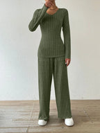 Ribbed V-neck Long Sleeve Top Pocketed Pants Set (9)