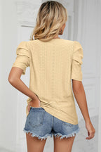 Eyelet Round Neck Puff Sleeve T-shirt (12)