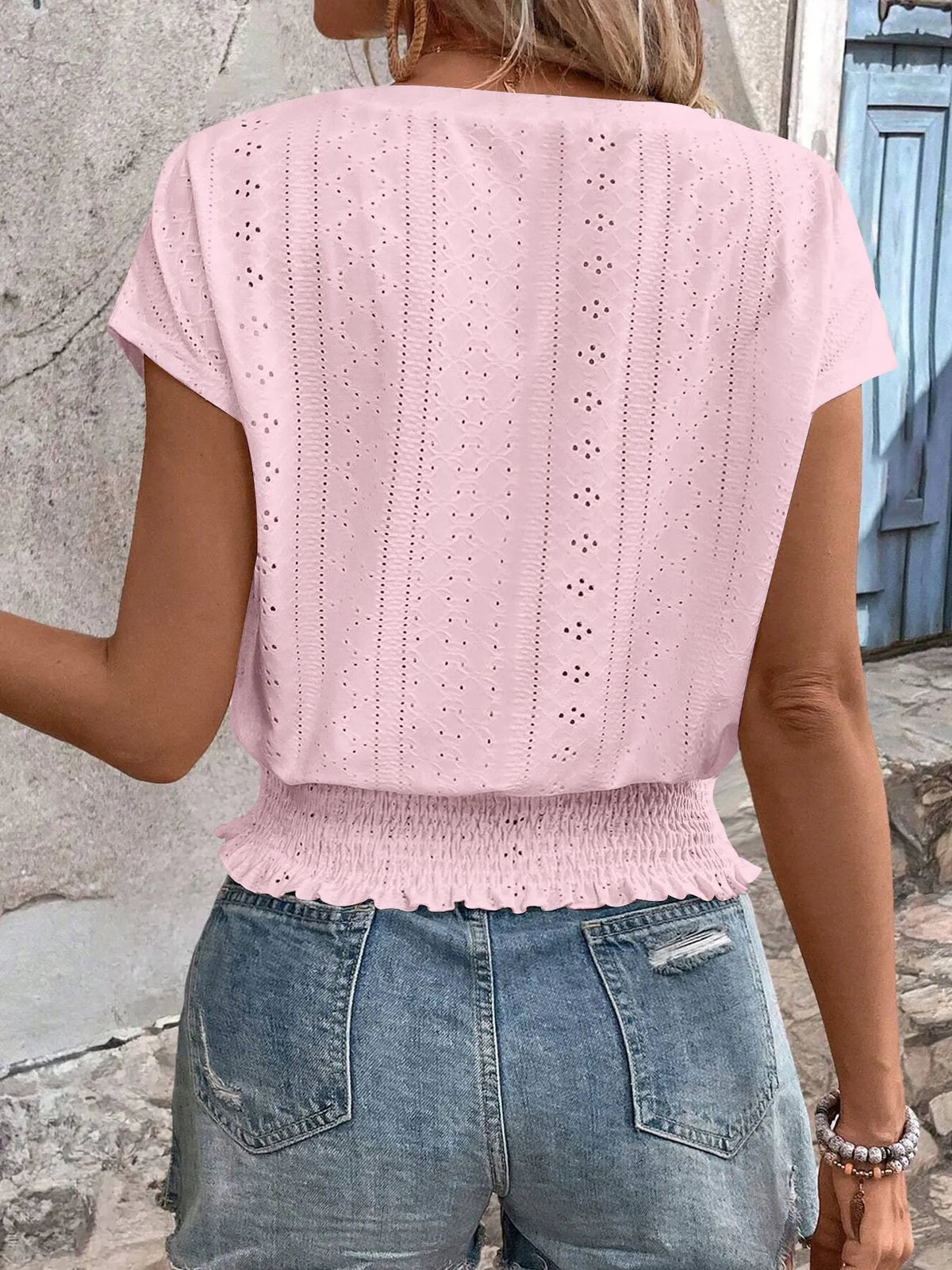 Eyelet V-neck Short Sleeve Blouse (9)